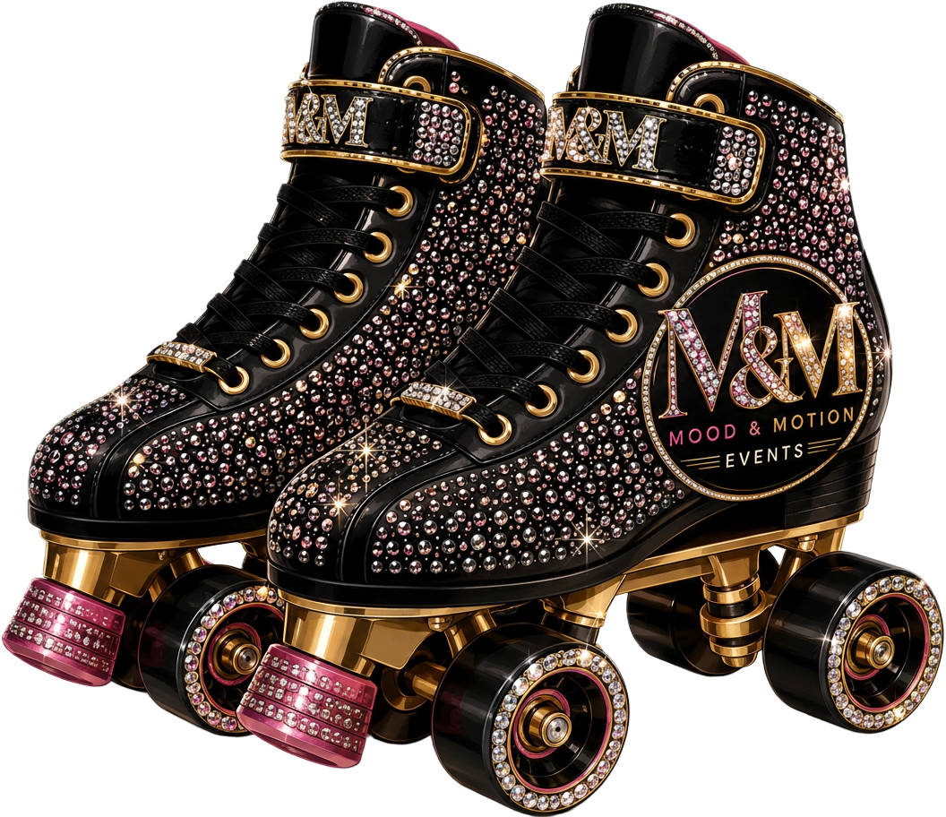 Crystal-covered black and gold Mood & Motion Events roller skates